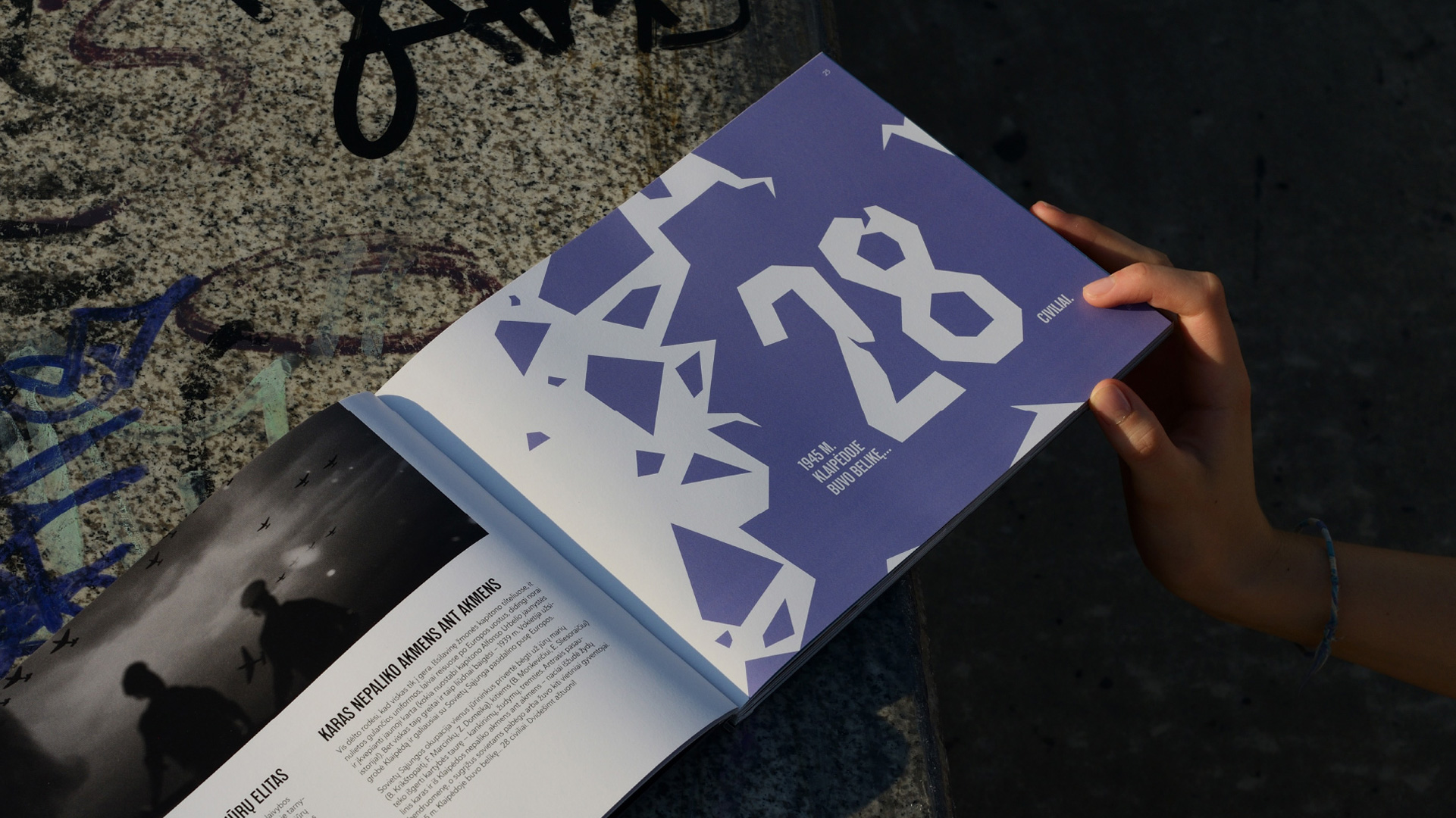 “Su jūra mes didesni” book spread combining archival imagery and contemporary graphic design