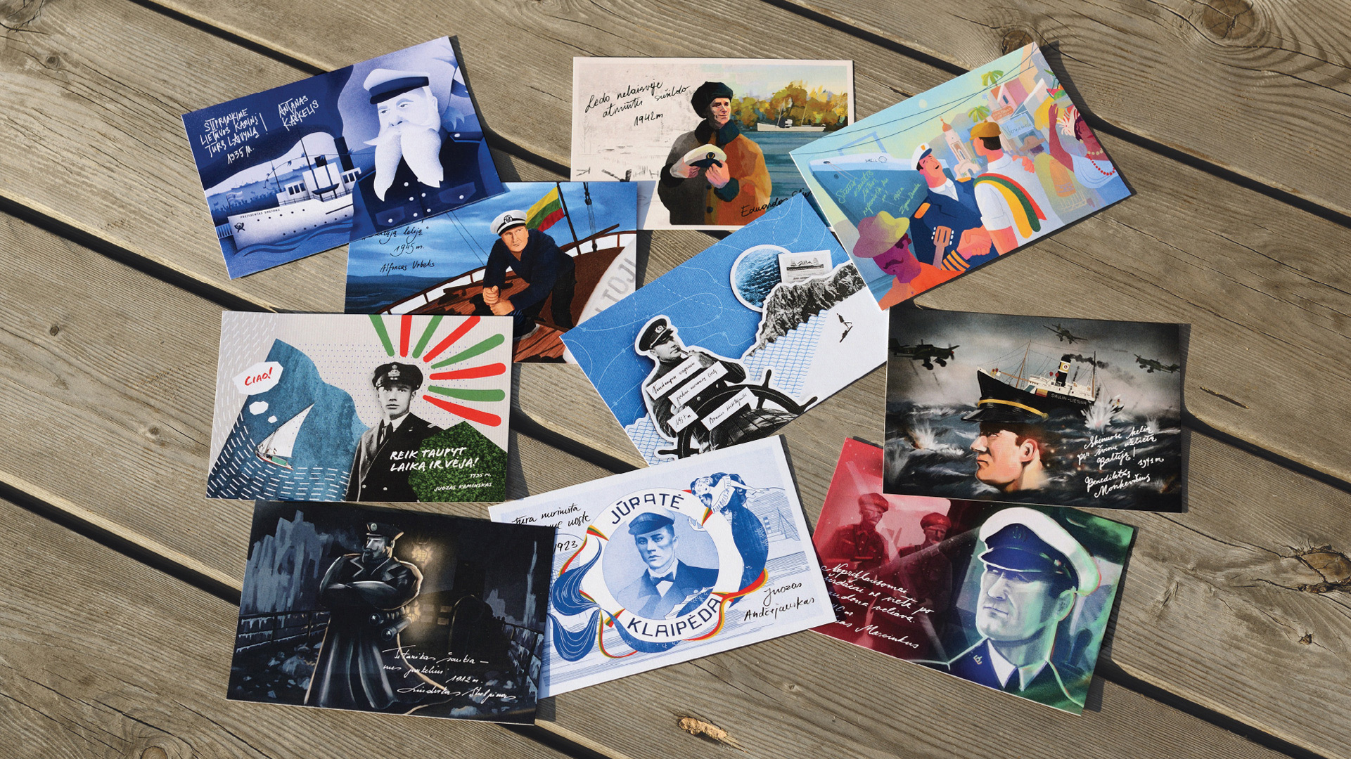 Maritime Lithuania illustrated postcards featuring Lithuanian captains and maritime stories