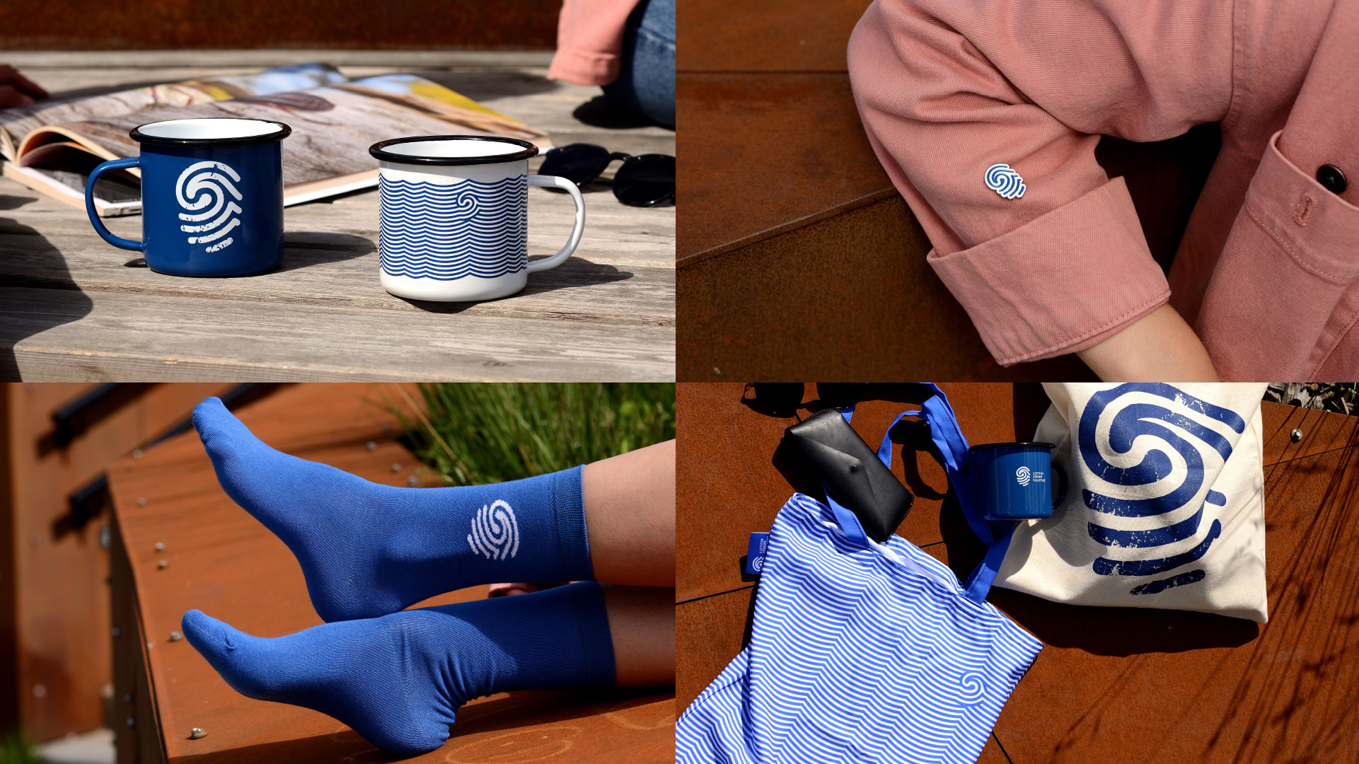 Maritime Lithuania branded merchandise with the fingerprint-wave symbol