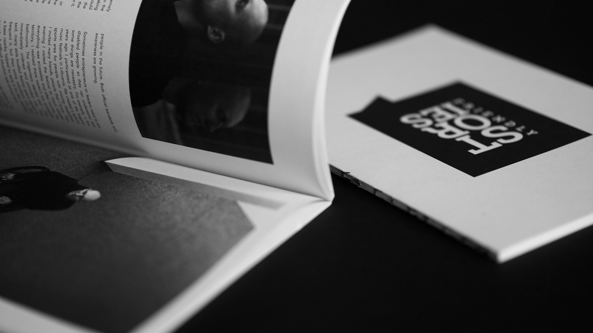 Friendly Stories book spread featuring portrait photography and personal stories