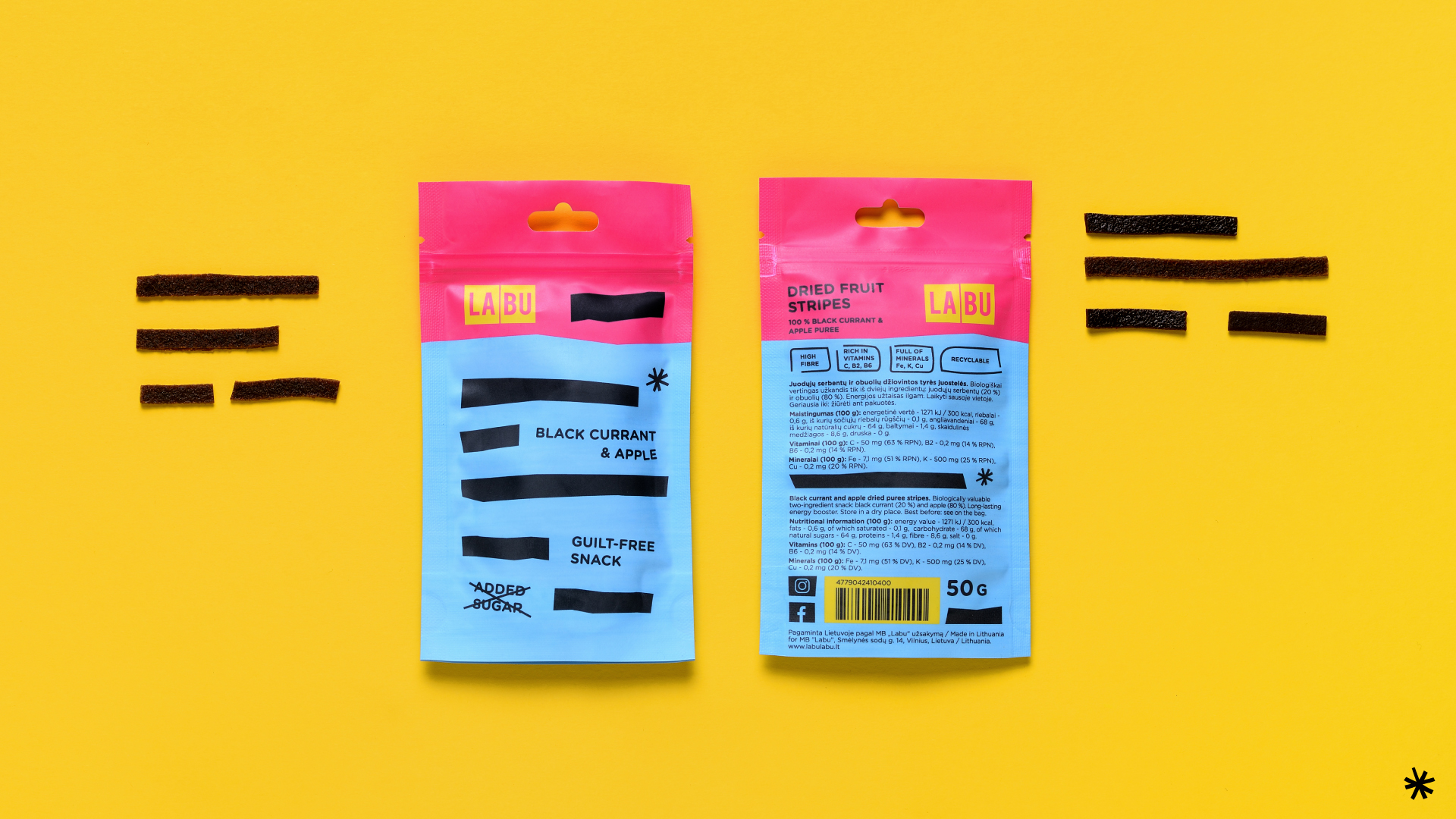 LABU logo and fruit strips on a bright pink background
