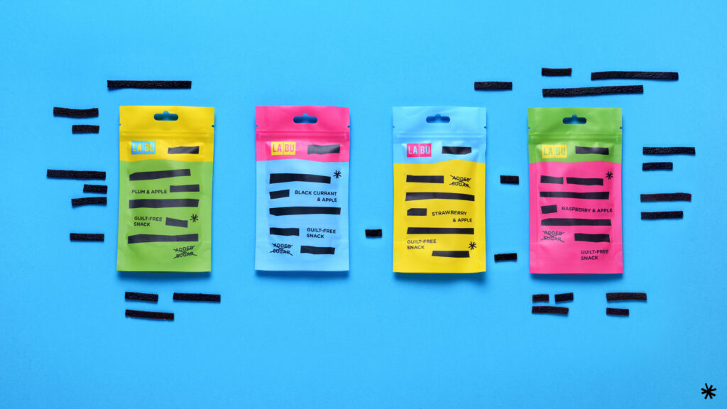 LABU fruit strip packaging range in four flavours on a blue background