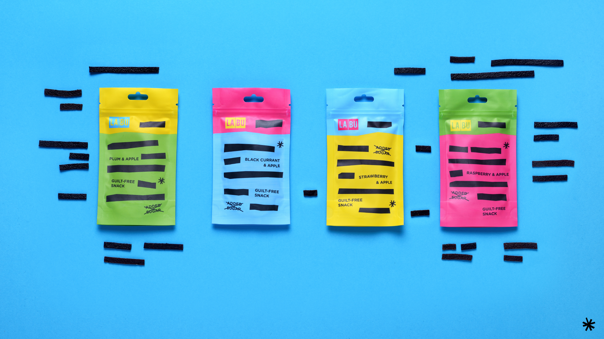 LABU fruit strip packaging range in four flavours on a blue background
