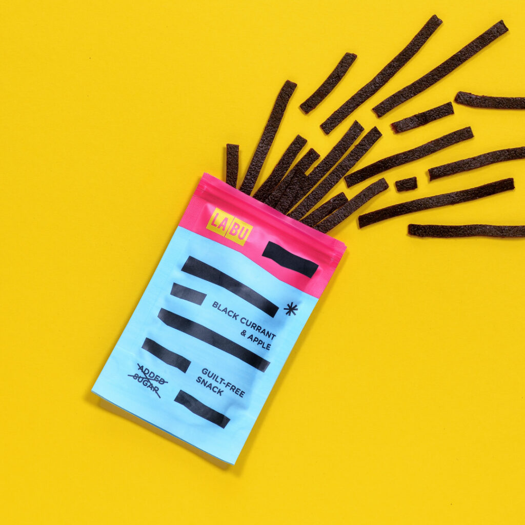 LABU logo and fruit strips on a bright pink background