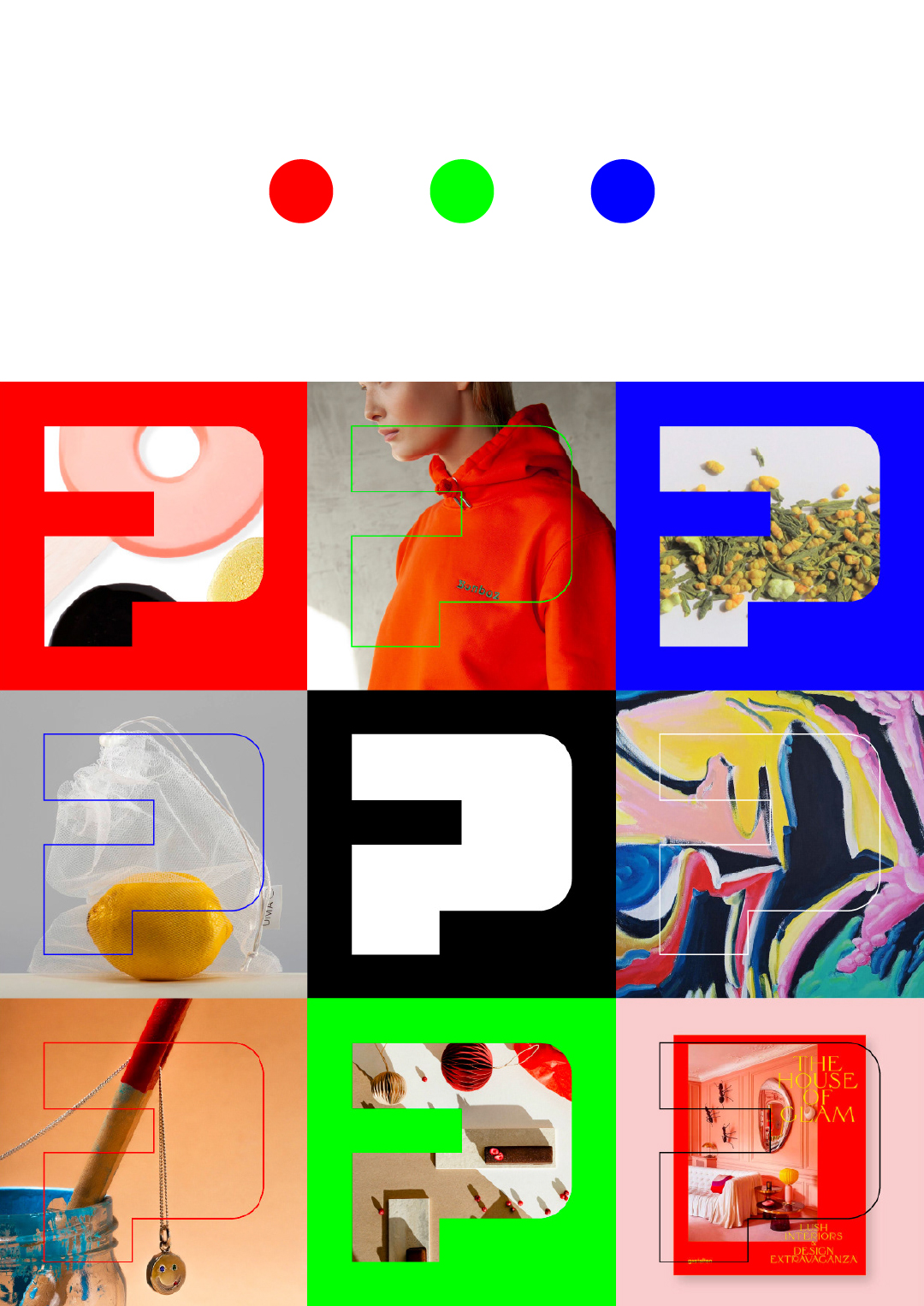 POPUP.LT visual identity featuring the graphic P symbol across colourful design imagery